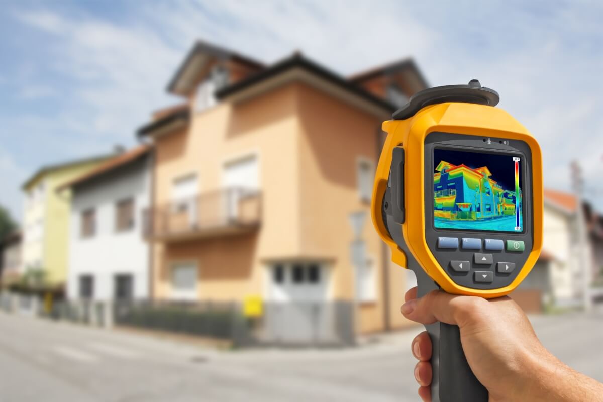Pomiary kamerą termowizyjną budynku pokazują różnice temperatur na elewacji.