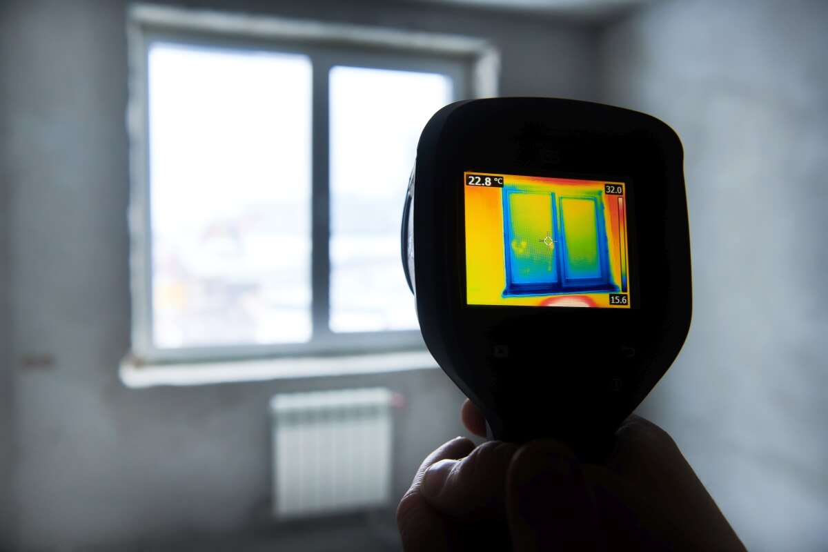 Pomiary kamerą termowizyjną pokazują utratę ciepła przez okno w pomieszczeniu.